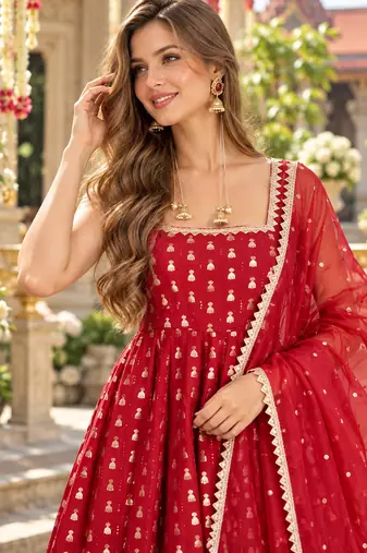 Maroon chinon readymade anarkali suit with embroidery & sequence work