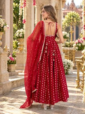 Maroon chinon readymade anarkali suit with embroidery & sequence work 3