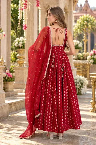 Maroon chinon readymade anarkali suit with embroidery & sequence work