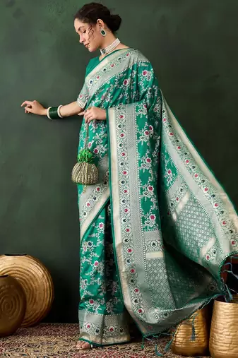 Green silk blend woven saree with zari work