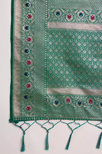 Green silk blend woven saree with zari work