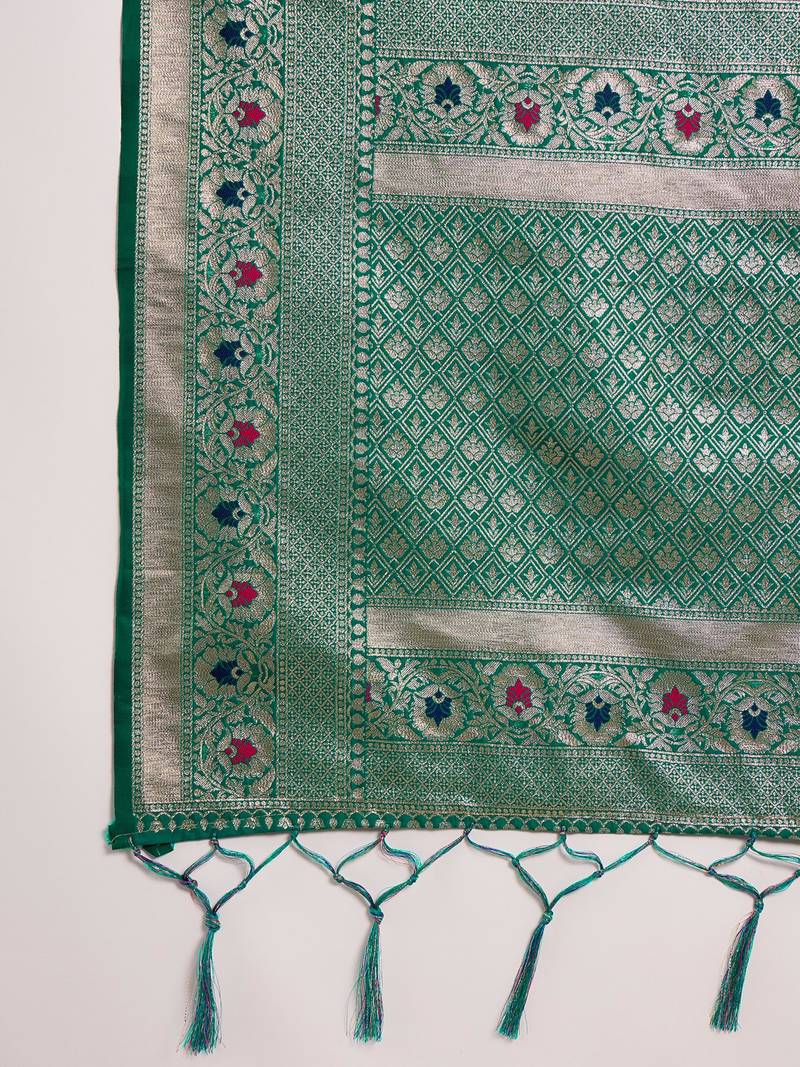 Green silk blend woven saree with zari work