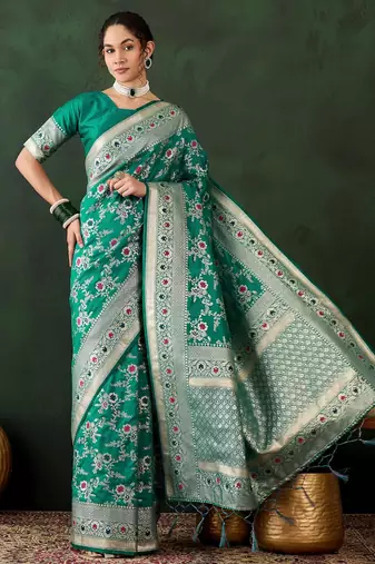 Green silk blend woven saree with zari work
