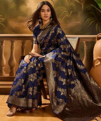 Navy-blue silk blend woven saree with zari work 2