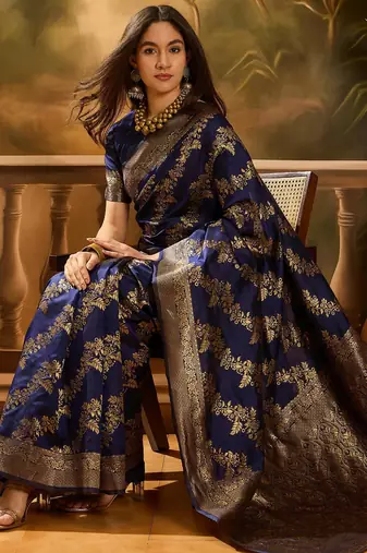 Navy-blue silk blend woven saree with zari work