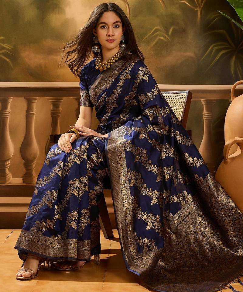 Navy-blue silk blend woven saree with zari work