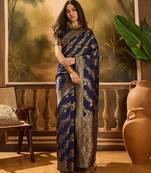 Navy-blue silk blend woven saree with zari work