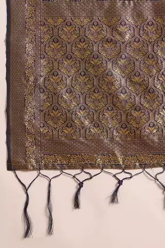 Navy-blue silk blend woven saree with zari work