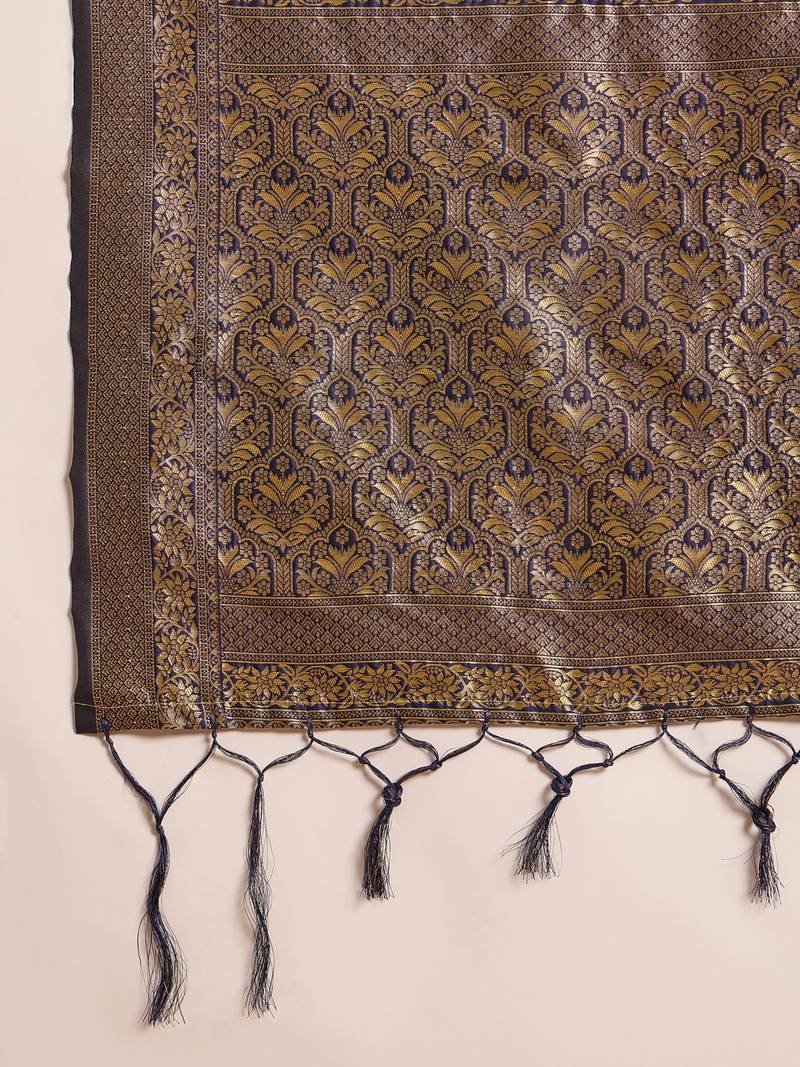Navy-blue silk blend woven saree with zari work
