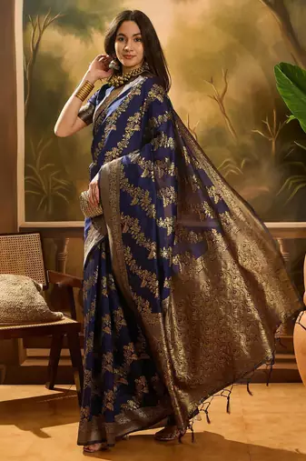 Navy-blue silk blend woven saree with zari work