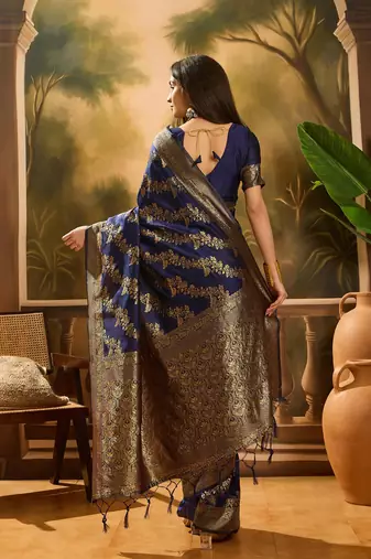Navy-blue silk blend woven saree with zari work