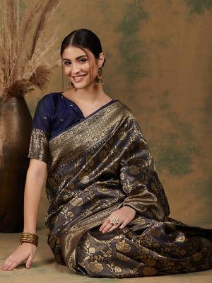 Navy-blue silk blend woven saree with zari work 1
