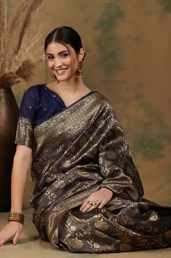 Navy-blue silk blend woven saree with zari work