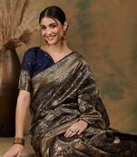 Navy-blue silk blend woven saree with zari work