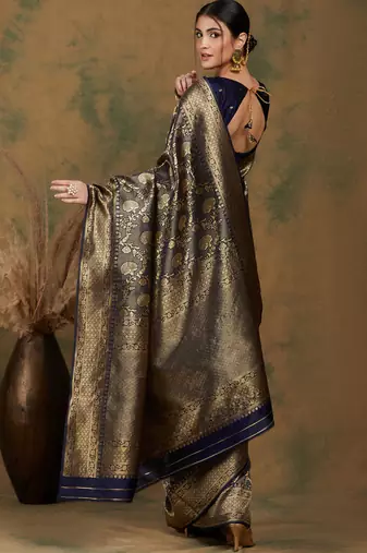 Navy-blue silk blend woven saree with zari work