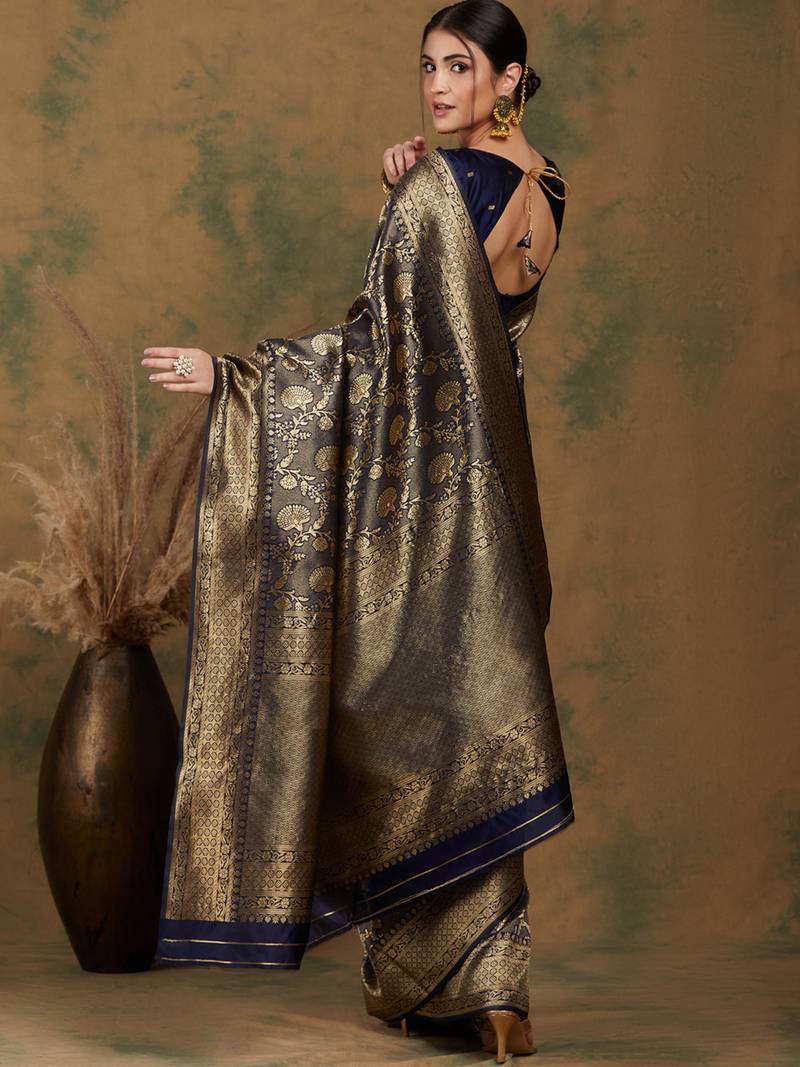 Navy-blue silk blend woven saree with zari work