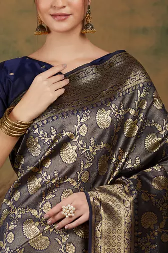 Navy-blue silk blend woven saree with zari work