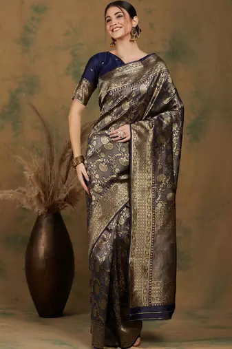 Navy-blue silk blend woven saree with zari work