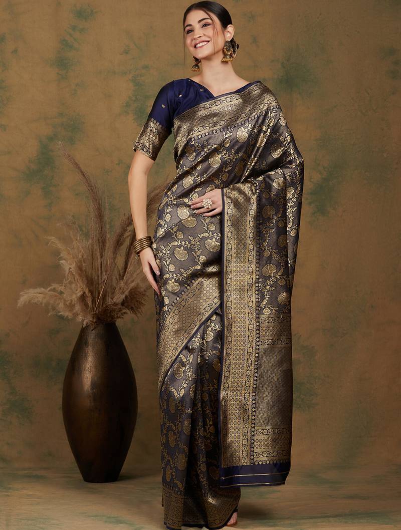 Navy-blue silk blend woven saree with zari work