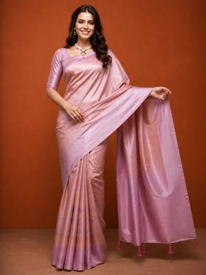 Pink silk blend woven saree with zari work 1