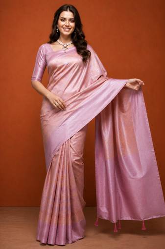 Pink silk blend woven saree with zari work