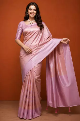 Pink silk blend woven saree with zari work