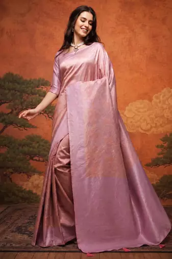 Pink silk blend woven saree with zari work