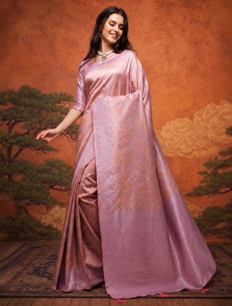 Pink silk blend woven saree with zari work