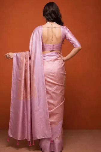 Pink silk blend woven saree with zari work