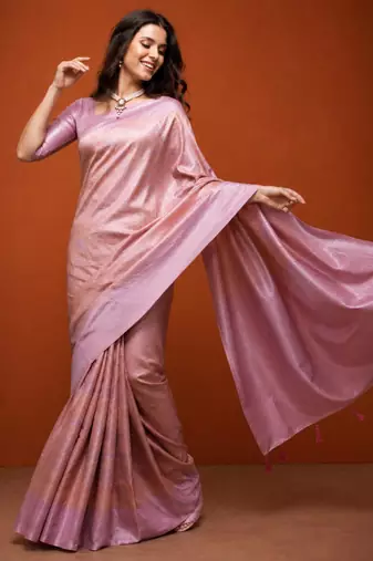 Pink silk blend woven saree with zari work