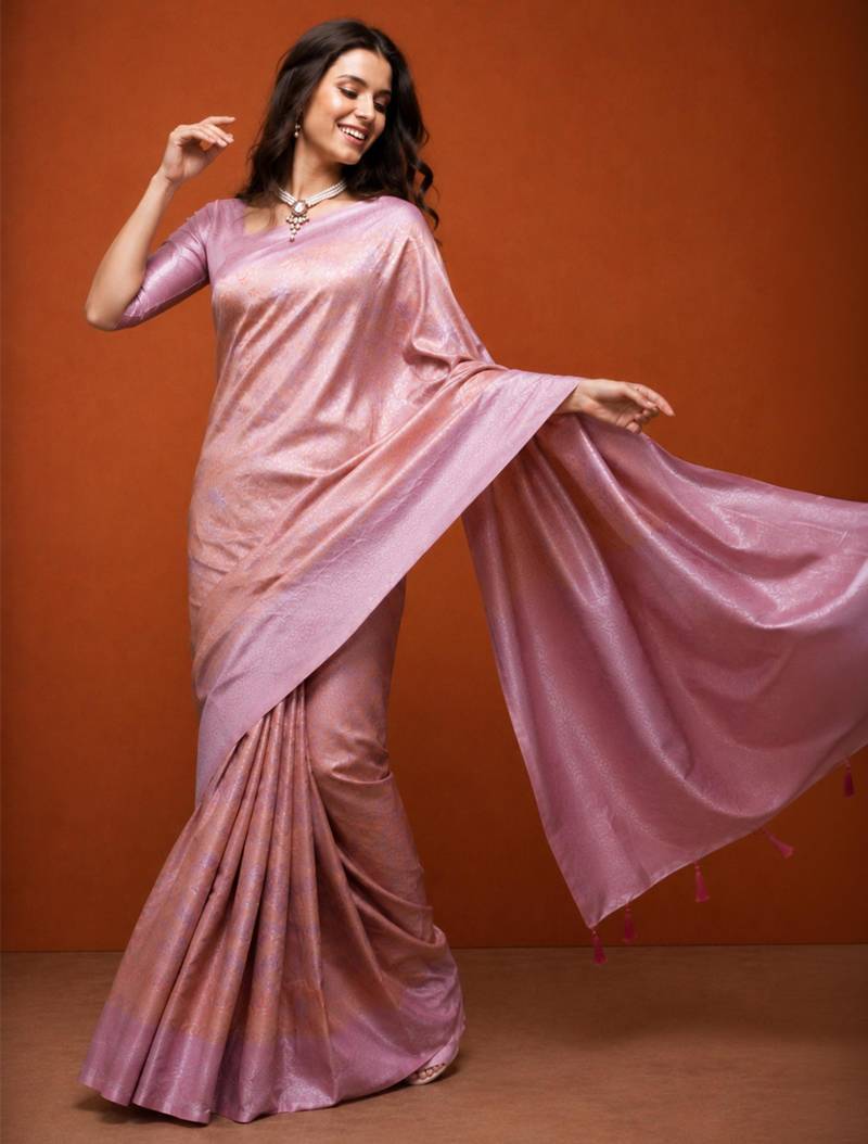 Pink silk blend woven saree with zari work