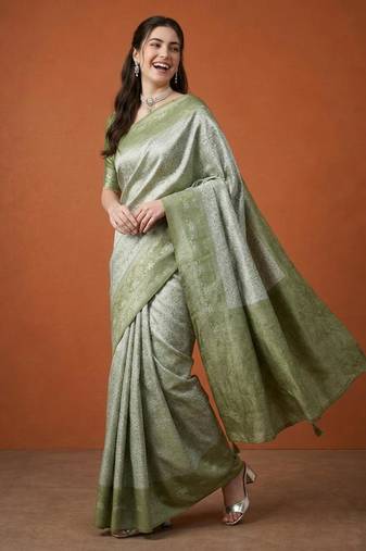 Olive silk blend woven saree with zari work