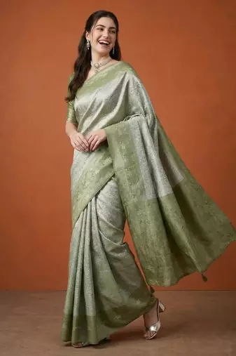Olive silk blend woven saree with zari work