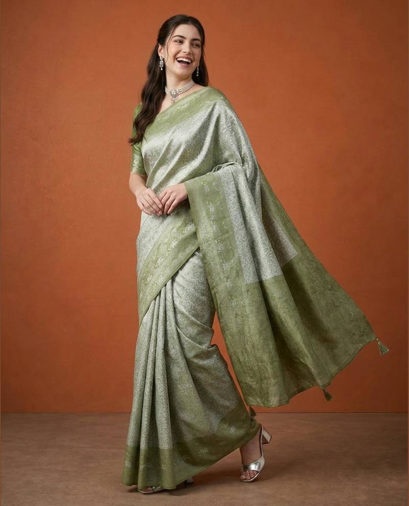 Olive silk blend woven saree with zari work