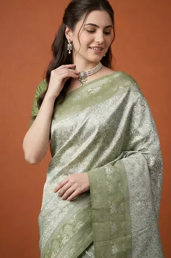 Olive silk blend woven saree with zari work