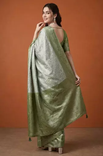 Olive silk blend woven saree with zari work