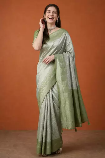 Olive silk blend woven saree with zari work