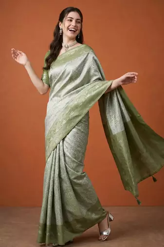 Olive silk blend woven saree with zari work
