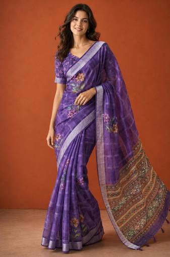 Purple cotton silk printed saree with floral print