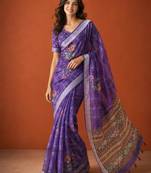 Purple cotton silk printed saree with floral print