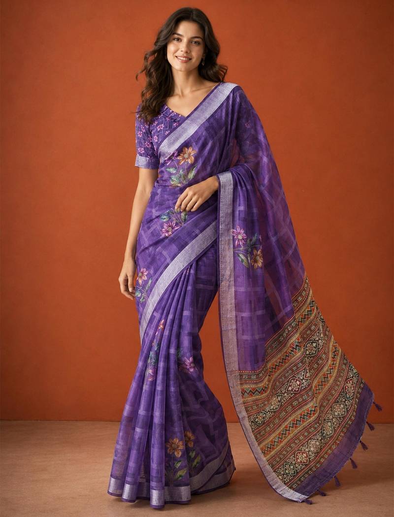 Purple cotton silk printed saree with floral print