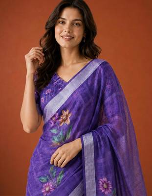 Purple cotton silk printed saree with floral print 2