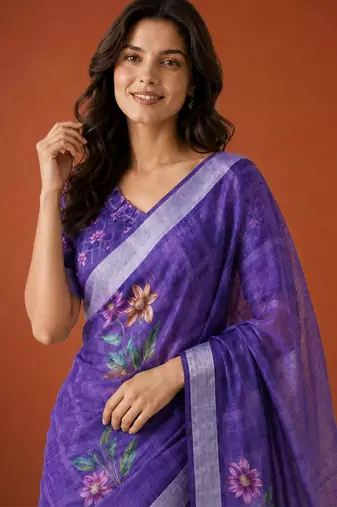 Purple cotton silk printed saree with floral print