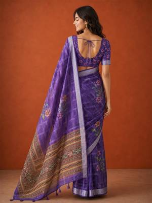 Purple cotton silk printed saree with floral print 3