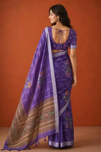 Purple cotton silk printed saree with floral print
