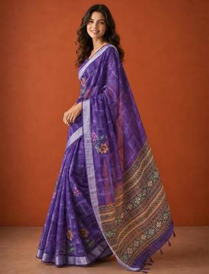 Purple cotton silk printed saree with floral print 4