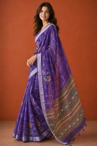 Purple cotton silk printed saree with floral print