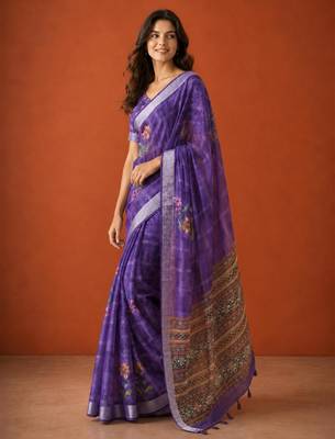 Purple cotton silk printed saree with floral print 5