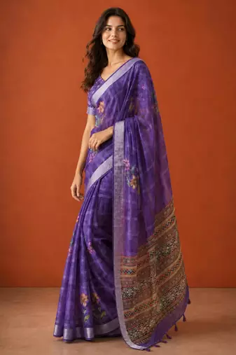 Purple cotton silk printed saree with floral print