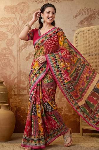 Multicolor silk blend printed saree with geometric print
